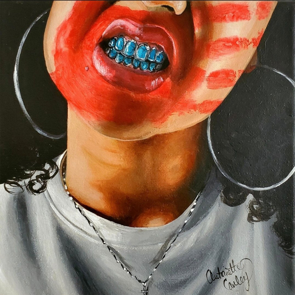 A vibrant Afro-Indigenous portrait featuring a turquoise grill and red handprint, symbolizing cultural strength